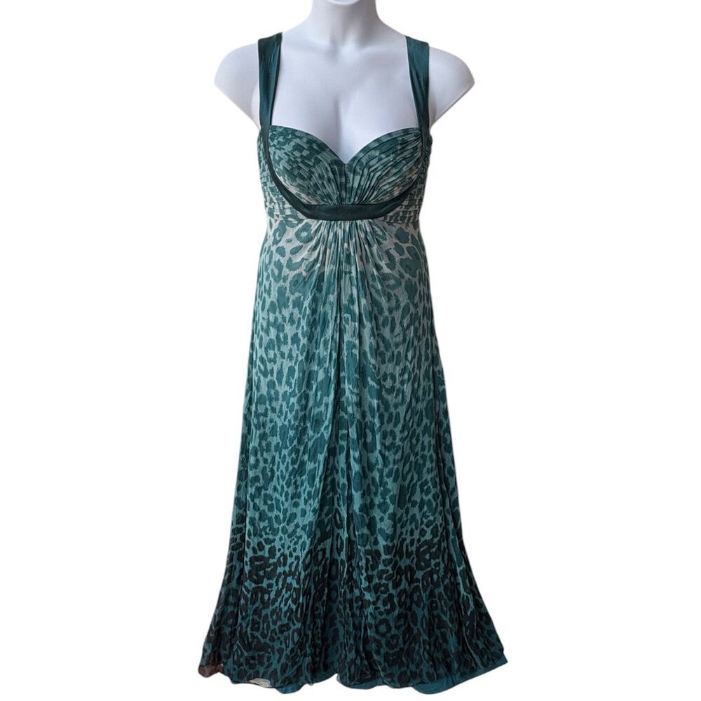Tadashi Collection Teal Silk Ombre Leopard Gown w Satin Trim size 10 Pls Rd Note